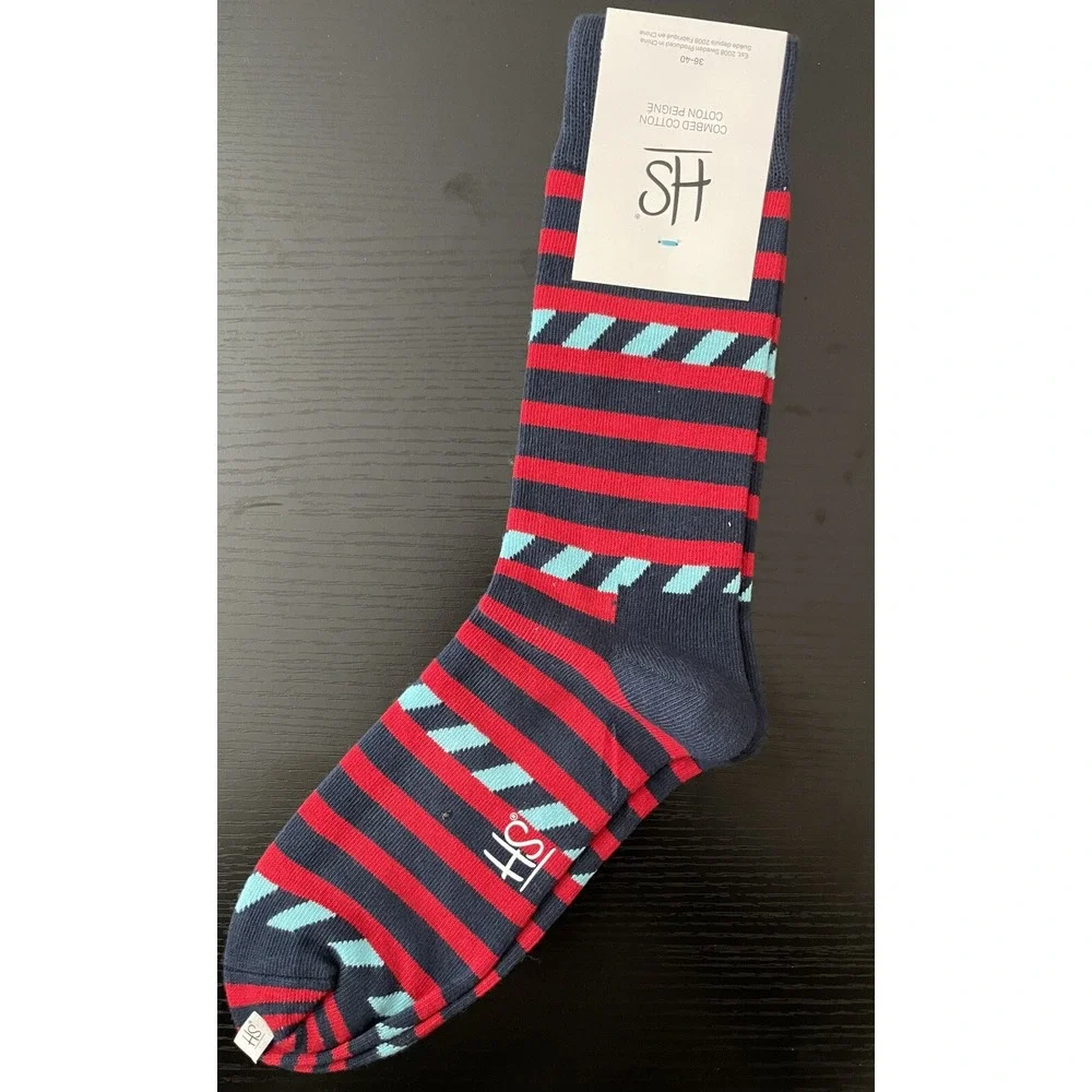 Happy Socks Men's Striped Socks Red Blue Combed Cotton‎ Size 8–12